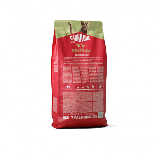 CARNILOVE Active Duck&Pheasant Sterilised sausas pašaras katėms su antiena ir fazaniena, 6 kg
