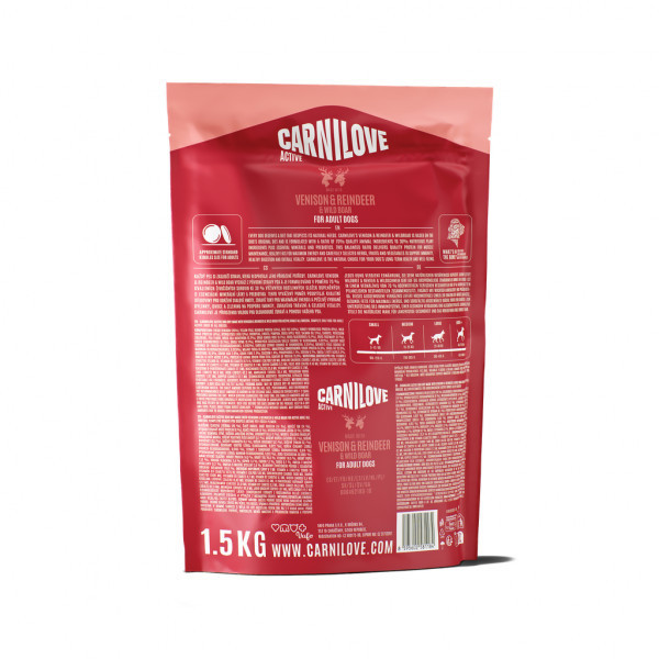 CARNILOVE Active Venison&Reindeer&Wild Boar for Adult sausas pašaras šunims su elniena, 1,5 kg