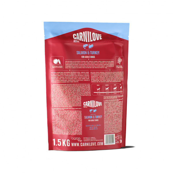 CARNILOVE Active Salmon&Turkey Adult sausas pašaras suaug. šunims su lašiša ir kalakutiena, 1,5 kg