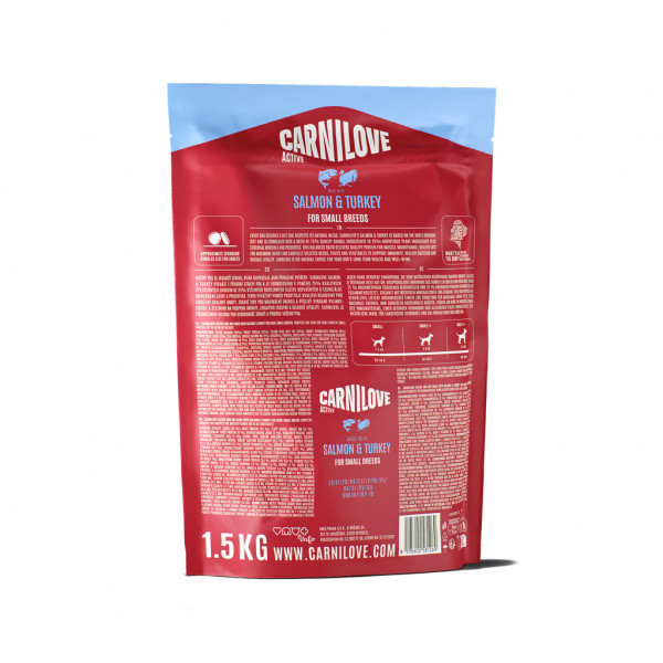 CARNILOVE Active Salmon&Turkey Adult Small Breed sausas pašaras m.veislių šunims su lašiša, 1,5 kg