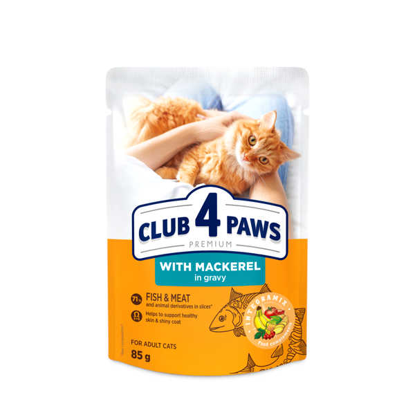 CLUB 4 PAWS Premium konservuotas pašaras su skumbre padaže suaugusioms katėms, 85 g