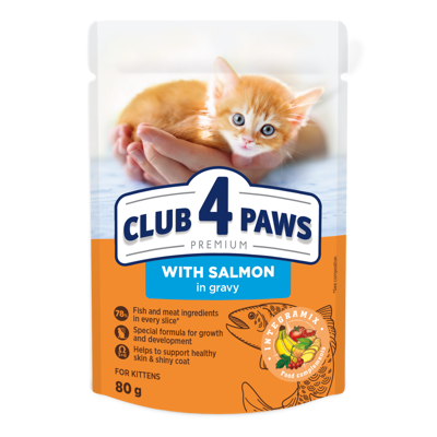 CLUB 4 PAWS Premium konservuotas pašaras su lašiša padaže kačiukams, 80 g