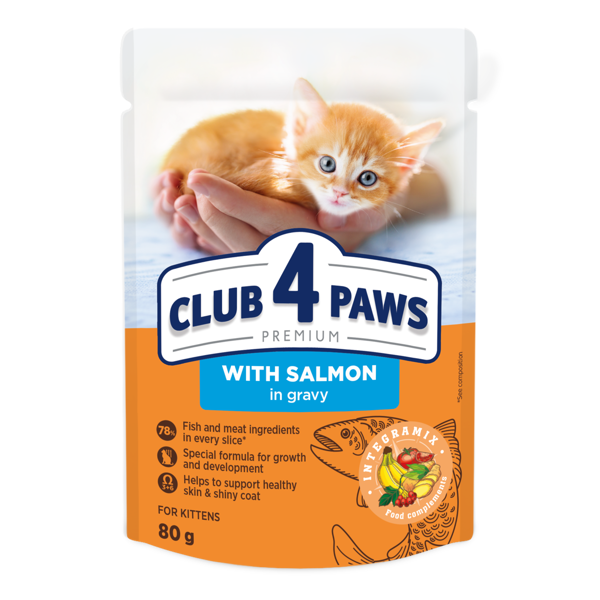 CLUB 4 PAWS Premium konservuotas pašaras su lašiša padaže kačiukams, 80 g