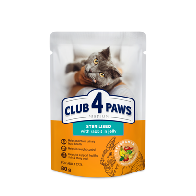 CLUB 4 PAWS Premium konservuotas pašaras su triušiena drebučiuose sterilizuotoms katėms, 80 g