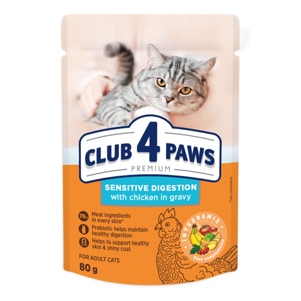 CLUB 4 PAWS Premium konservuotas pašaras suaugusioms katėms turinčioms jautrų virškinimą, 80 g