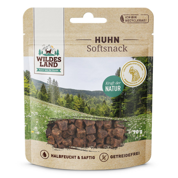 WILDES LAND Soft snack chicken pusiau drėgni skanėstai šunims su vištiena, 70 g