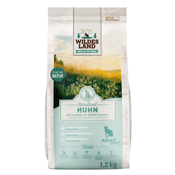 WILDES LAND Sterilised chicken sausas pašaras sterilizuotoms katėms su vištiena, 1,2 kg