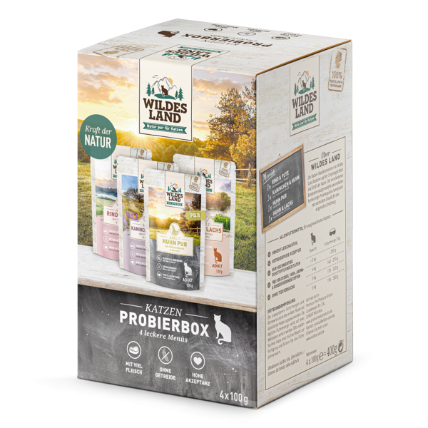 WILDES LAND Pouch Tasting box konservuoto pašaro rinkinys suaugusioms katėms, 4x100 g