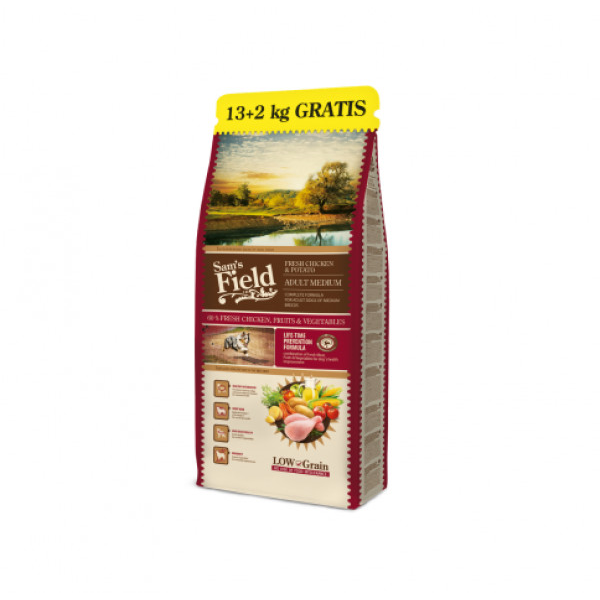 SAM'S FIELD Fresh Chicken&Pot.sausas pašaras suaugusiems vid. veislių šunims, 13+2 kg