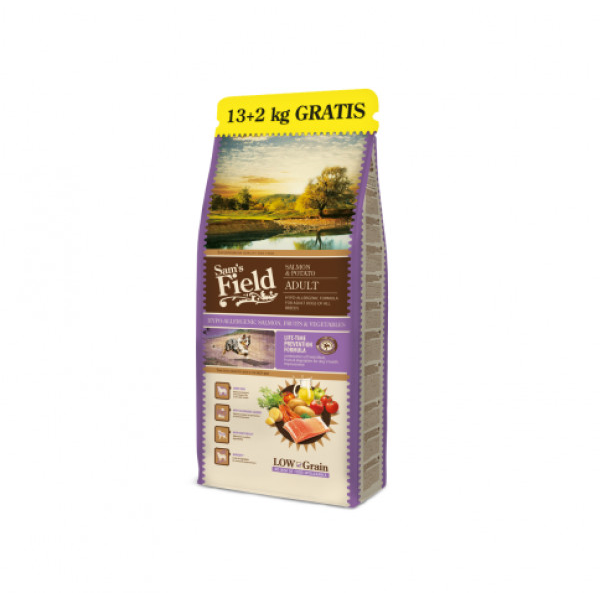 SAM'S FIELD Salmon&Potato sausas pašaras suaugusiems šunims, 13+2 kg