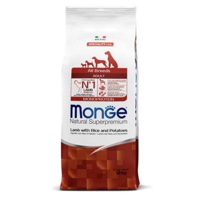 MONGE Adult sausas pašaras suaugusiems šunims su ėriena, ryžiais ir bulvėmis, 12 kg