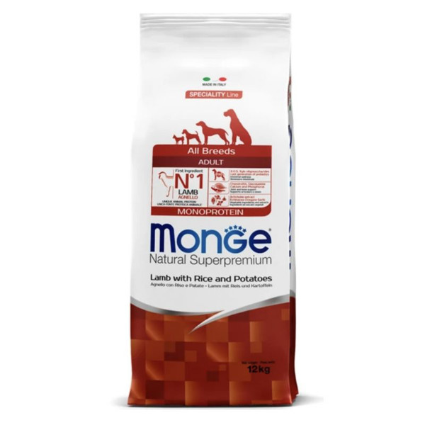 MONGE Adult sausas pašaras suaugusiems šunims su ėriena, ryžiais ir bulvėmis, 12 kg