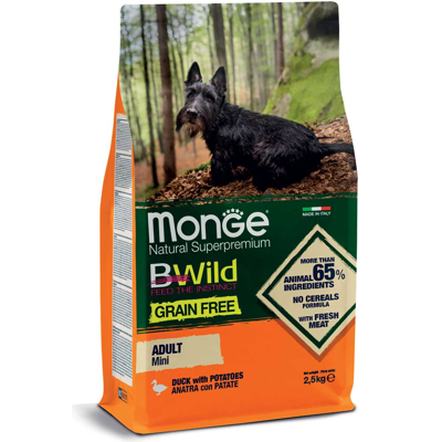 MONGE Grain Free Mini Adult pašaras suaugusiems šunims su antiena ir bulvėmis, 2,5 kg