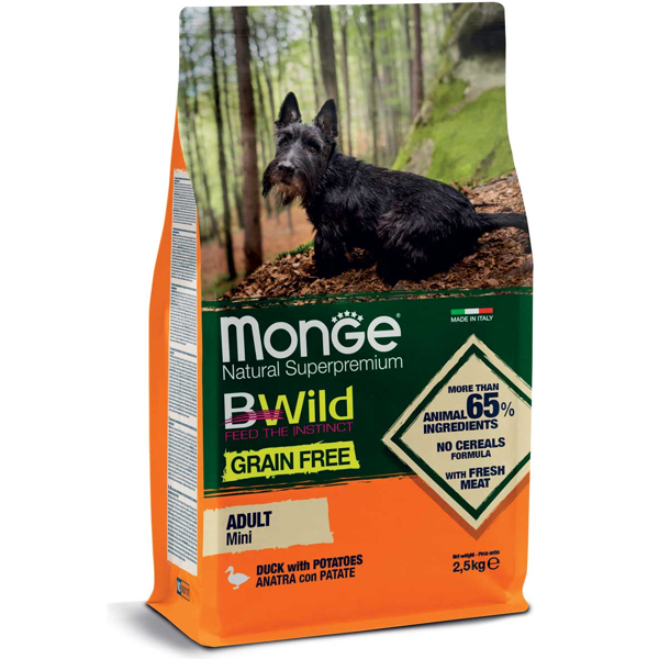 MONGE Grain Free Mini Adult pašaras suaugusiems šunims su antiena ir bulvėmis, 2,5 kg