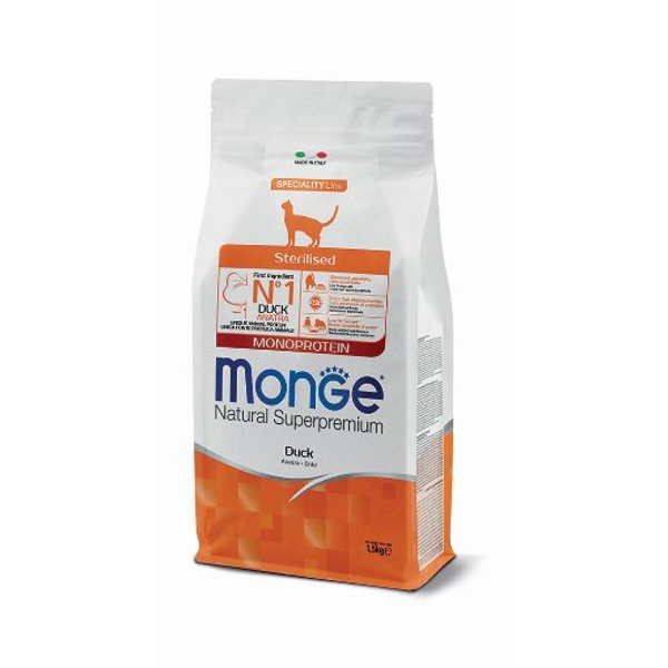 MONGE Sterilised Adult sausas pašaras sterilizuotoms suaugusioms katėms su antiena, 1,5 kg