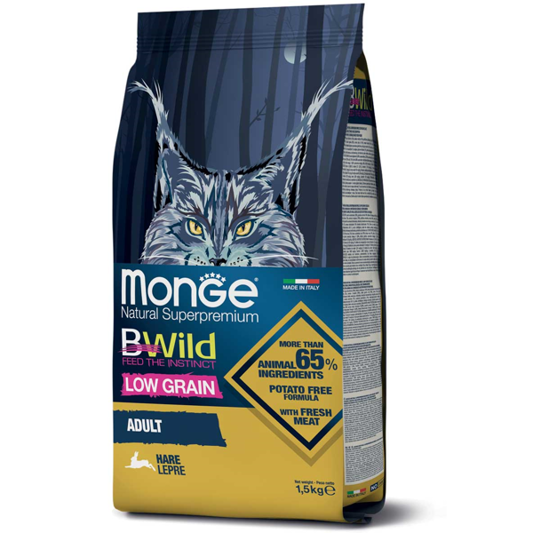 MONGE BWILD sausas maistas katėms su kiškiena, 1,5 kg