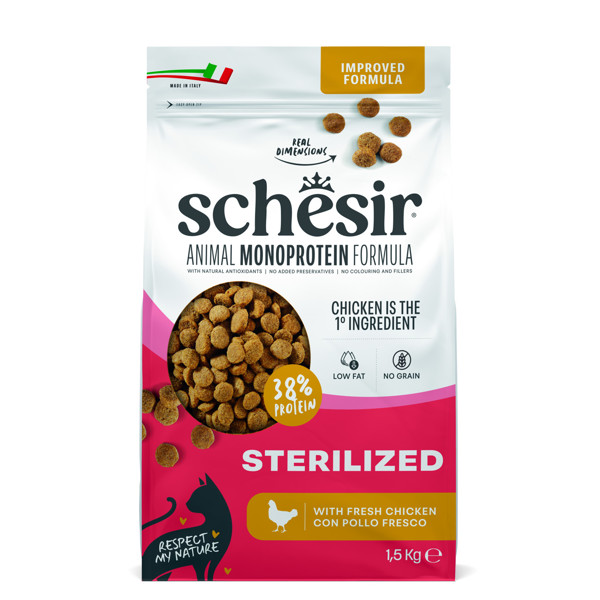 SCHESIR  Monoprotein Formula Sterilized chicken  sausas maistas steril. katėms su vištiena, 1,5kg