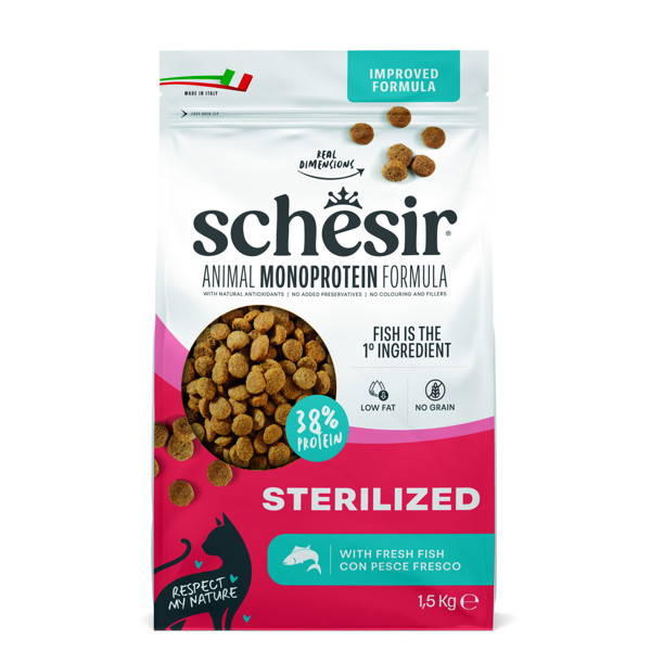 SCHESIR  Monoprotein Formula Sterilized fish  sausas maistas steril. katėms su žuvim, 1,5kg
