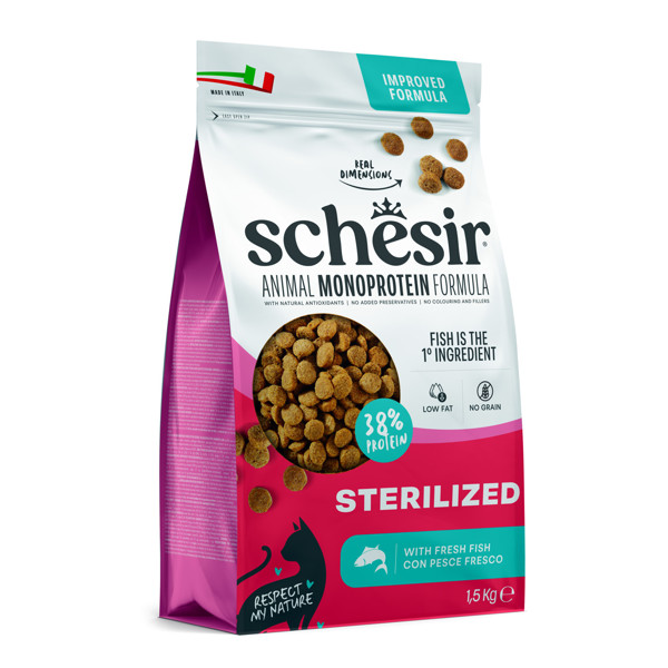 SCHESIR  Monoprotein Formula Sterilized fish  sausas maistas steril. katėms su žuvim, 1,5kg