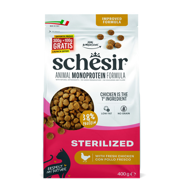 SCHESIR Animal Monoprotein Formula Sterilized chicken  maistas steril. katėms su višiena, 300g+100g