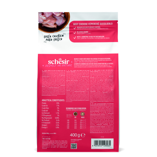 SCHESIR Animal Monoprotein Formula Sterilized chicken  maistas steril. katėms su višiena, 300g+100g
