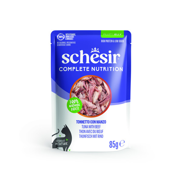 SCHESIR Complete Nutrition Tuna with beef skanėstas katėms su tunu ir jautiena, 85g
