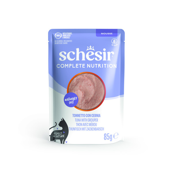 SCHESIR Complete Nutrition Tuna with grouper skanėstas katėms su tunu ir ešeriu, 85g