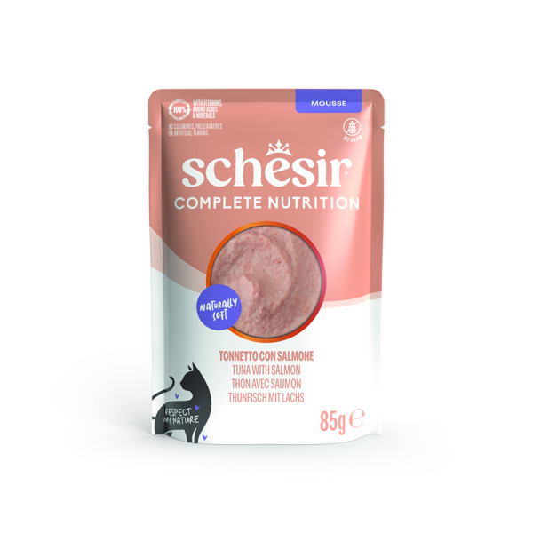 SCHESIR Complete Nutrition Tuna with salmon visavertis skanėstas katėms su tunu ir lašiša, 85g