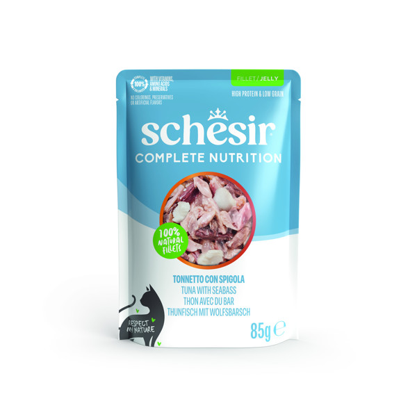 SCHESIR Complete Nutrition Tuna with seabass skanėstas katėms su tunu ir ešeriu, 85g