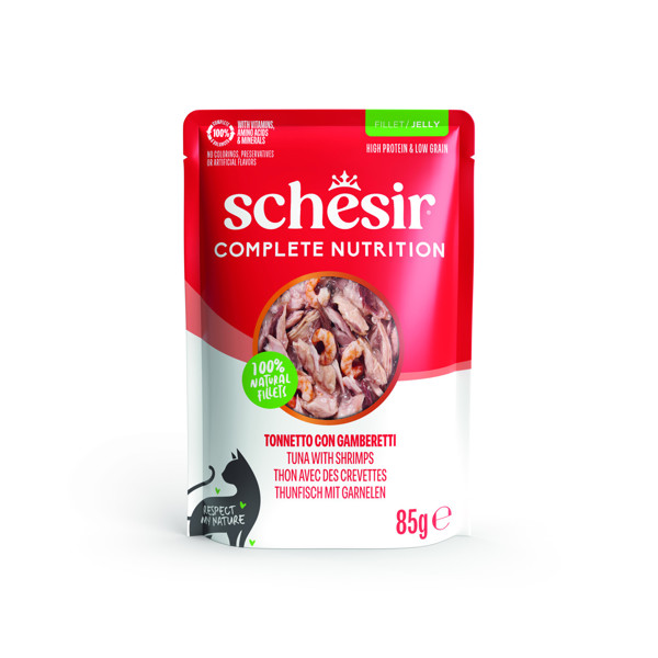 SCHESIR Complete Nutrition Tuna with shrimps skanėstas katėms su tunu ir lašiša, 85g