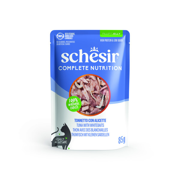 SCHESIR Complete Nutrition Tuna with whitebaits skanėstas katėms su tunu ir stintomis, 85