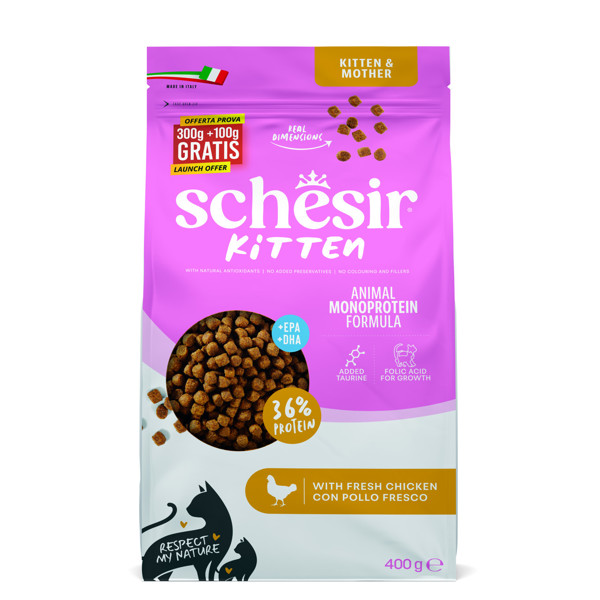 SCHESIR Kitten Monoprotein Formula chicken sausas maistas su višiena, 300g+100g