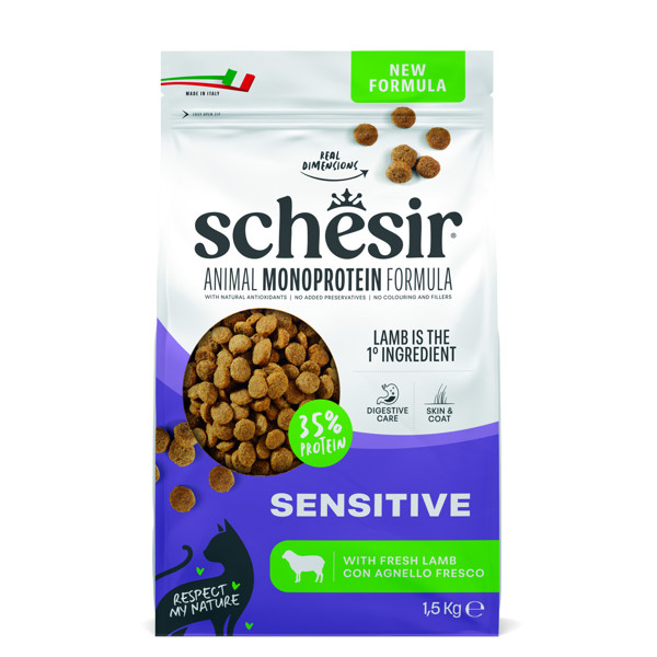 SCHESIR Monoprotein Formula Sensitive Lamb  sausas maistas jautrioms katėms su ėriena, 1,5kg