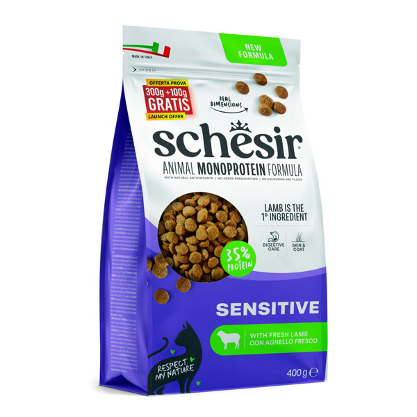 SCHESIR Monoprotein Formula Sensitive Lamb sausas maistas jautrioms katėms su ėriena,  300g+100g