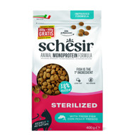 SCHESIR Monoprotein Formula Sterilized Fish sausas maistas sterelizuotoms katėms su žuvim, 300g+100g
