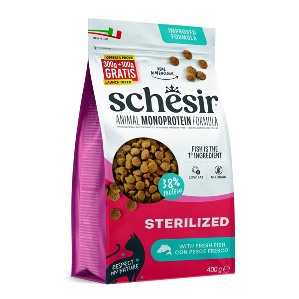 SCHESIR Monoprotein Formula Sterilized Fish sausas maistas sterelizuotoms katėms su žuvim, 300g+100g