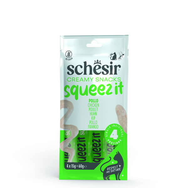 SCHESIR Squeez It Chicken kreminis skanėtsas katėms su vištiena, 4x15g