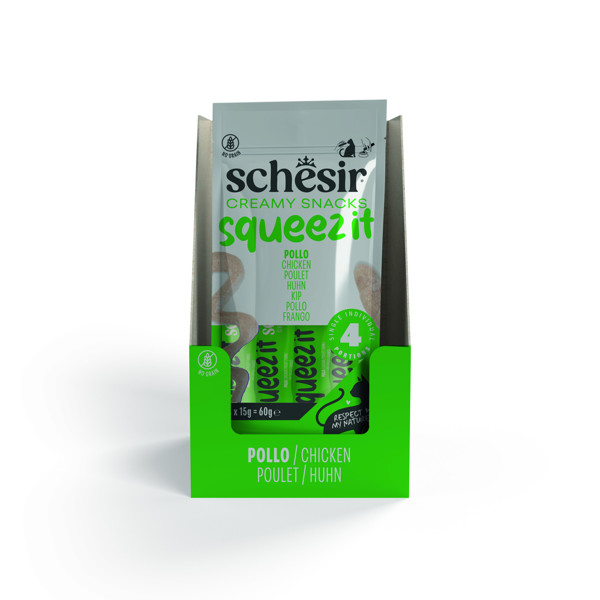SCHESIR Squeez It Chicken kreminis skanėtsas katėms su vištiena, 4x15g