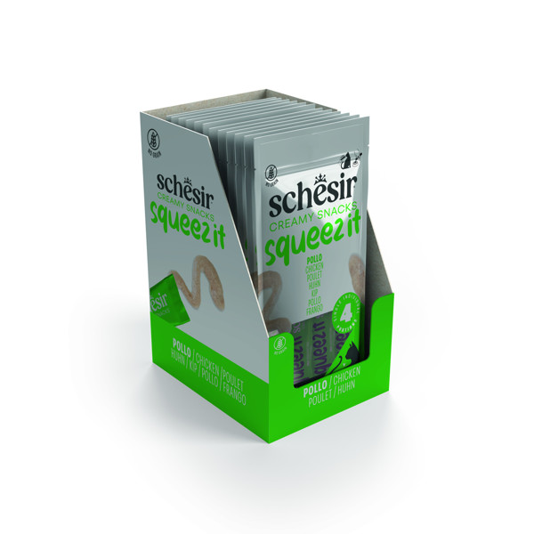 SCHESIR Squeez It Chicken kreminis skanėtsas katėms su vištiena, 4x15g