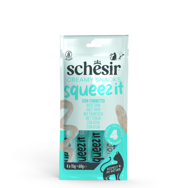 SCHESIR Squeez It Tuna kreminis skanėstas katėms su tunu, 4x15g