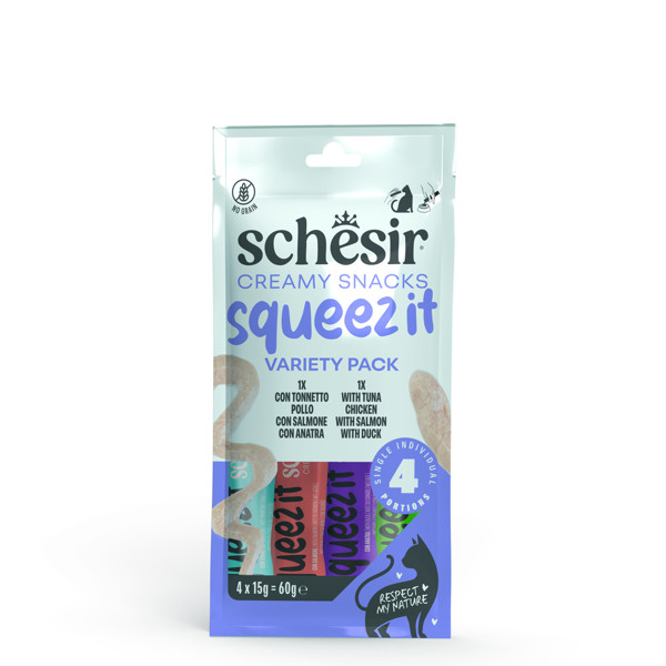 SCHESIR Squeez It Variety Pack įvairių skonių kreminiai skanėstai katėms, 4x15g