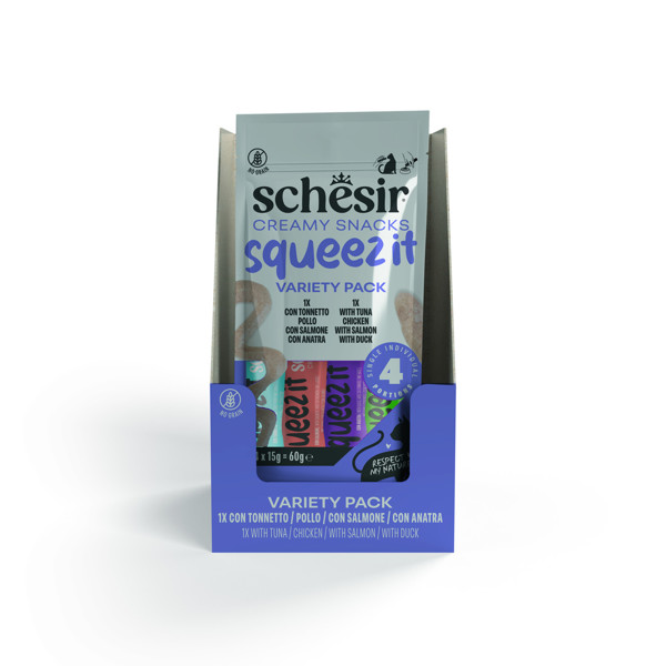 SCHESIR Squeez It Variety Pack įvairių skonių kreminiai skanėstai katėms, 4x15g
