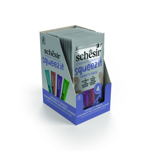 SCHESIR Squeez It Variety Pack įvairių skonių kreminiai skanėstai katėms, 4x15g