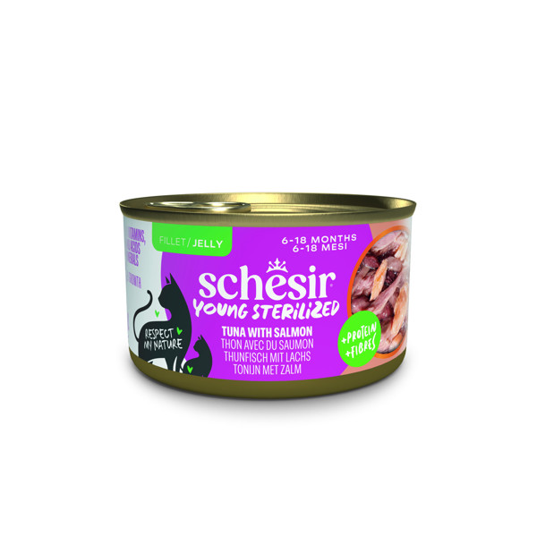 SCHESIR Young Sterilized tuna salmon konservai sterelizuotoms jaunoms katėms su tunu ir lašiša,  85g