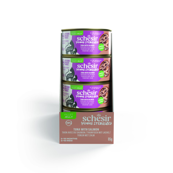 SCHESIR Young Sterilized tuna salmon konservai sterelizuotoms jaunoms katėms su tunu ir lašiša,  85g