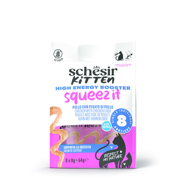 SCHESIR Squeez It Kitten chicken kreminis skanėstas kažiukams su vištiena, 8x8g