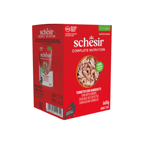 SCHESIR Complete Nutrition Tuna with shrimps skanėstas katėms su tunu ir krevetėmis, 6x85g