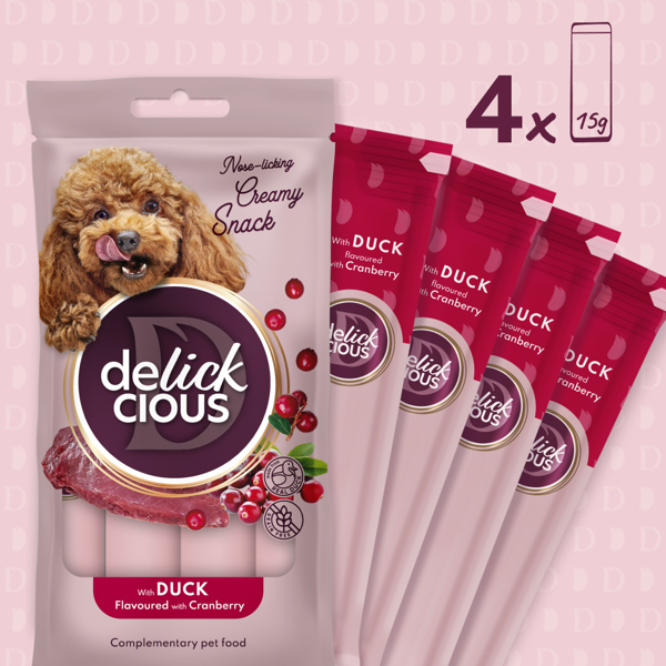 DELICKCIOUS kreminiai skanėstai su antiena ir spanguolėmis suaugusiems šunims (4x15 g), 60 g
