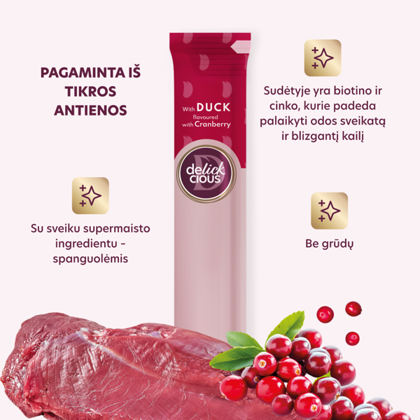 DELICKCIOUS kreminiai skanėstai su antiena ir spanguolėmis suaugusiems šunims (4x15 g), 60 g