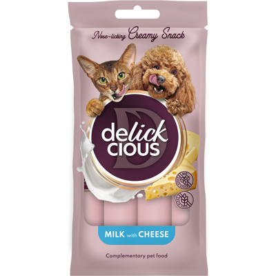 DELICKCIOUS kreminiai skanėstai su pienu ir sūriu suaugusiems šunims ir katėms (4x15 g), 60 g
